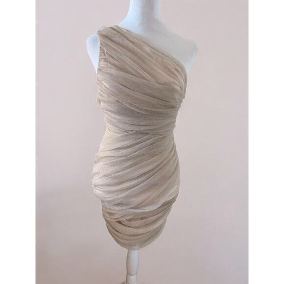 Mestiza Dresses & Skirts - NWT Mestiza One Shoulder Mini Dress Metallic Iridescent Draped Ruched Champagne